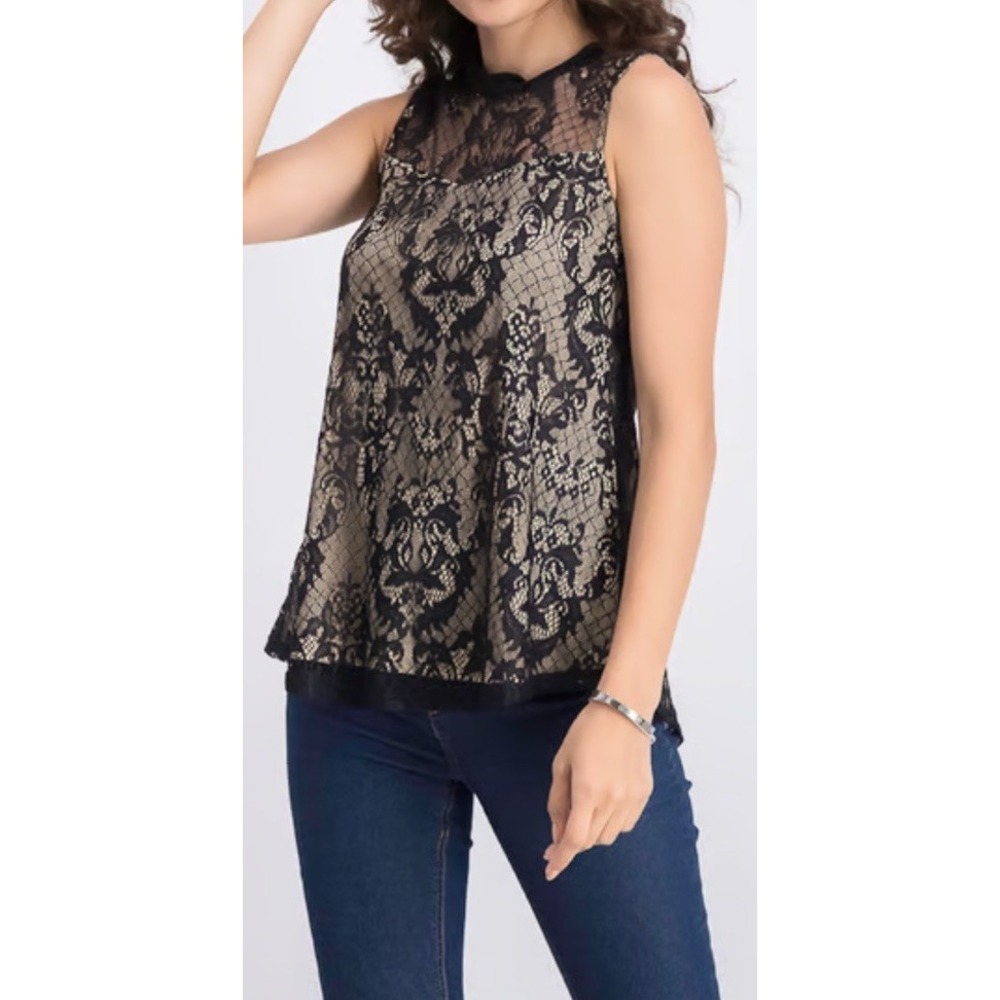 Fortune + Ivy Womens Bellah Lace Overlay Blouse Lined Keyhole Black Sz XL NWT